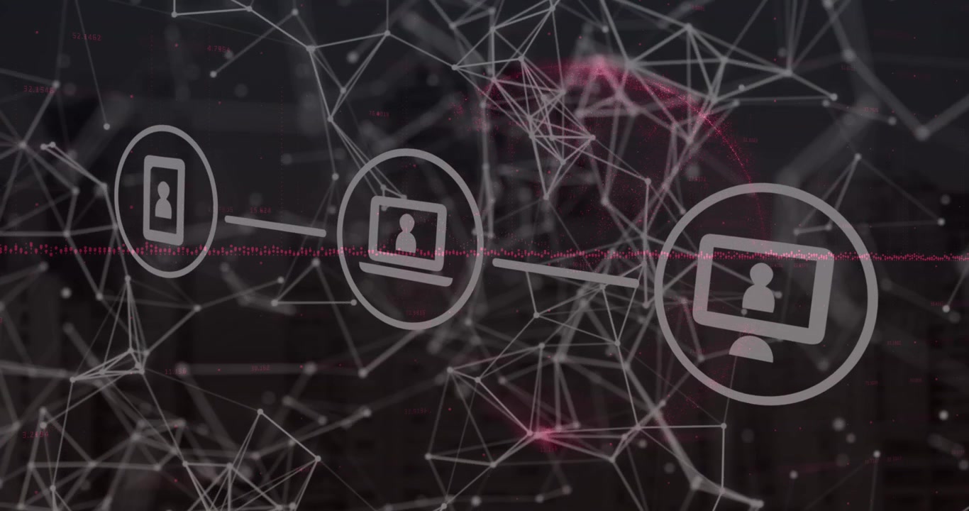 Digital icons and network of connections against black background