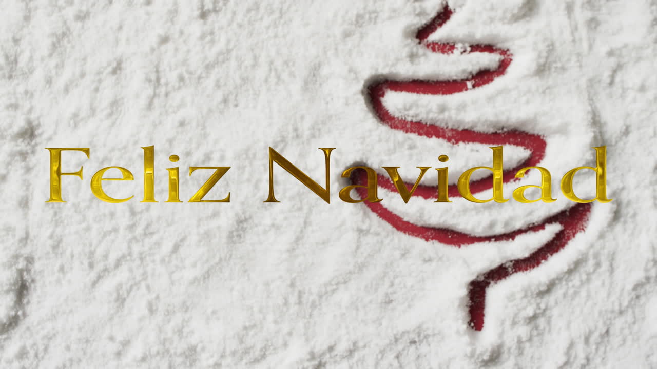 animación de feliz navidad texto sobre árbol de navidad dibujado en fondo de nieve