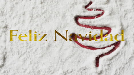 animation of feliz navidad text over christmas tree drawn in snow background