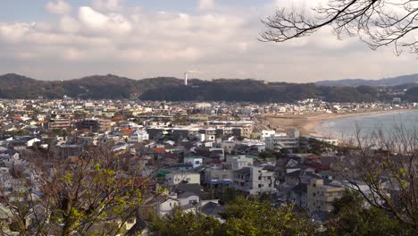 wonderful view of unique buildings and trees with calm sea in kamakura, japan - aerial shot
