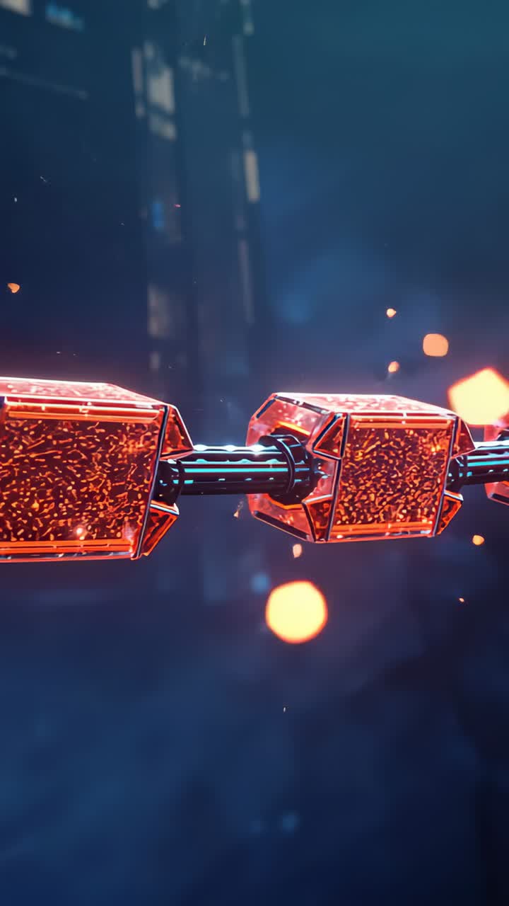 Vertical video: Powering up and rotating energy core in tech lab, with crystalline modules, embers