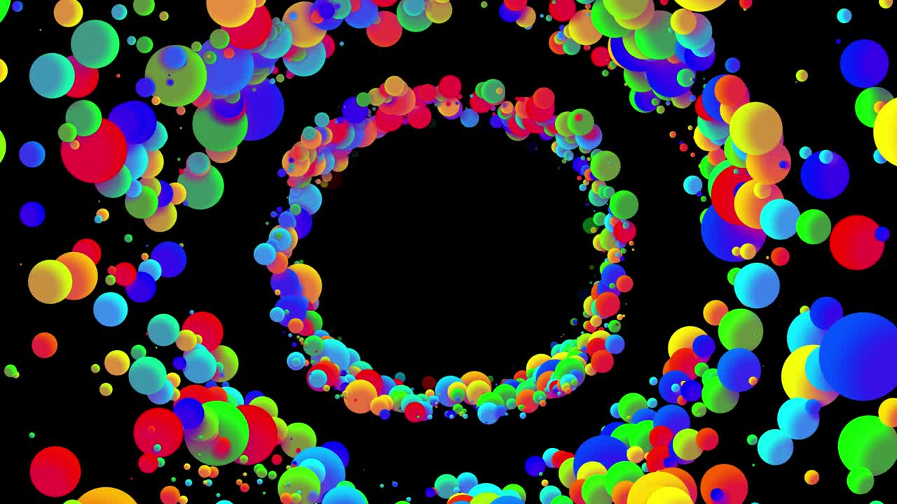 평평한 스타일의 물 속에 페인트 거품이나 염료 방울과 같은 아름다운 다채로운 공을 가진 4k 루프 추상적인 배경, 알파 채널로 루마 매트를 가진 3d, 복사 공간과 함께 링 구조.