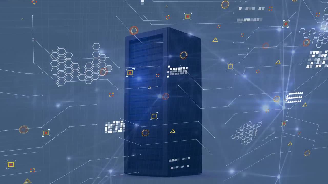Animation of circuit board pattern and connected dots over server rack against white background