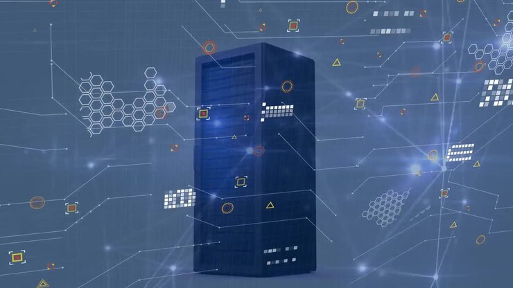 Animation of circuit board pattern and connected dots over server rack against white background