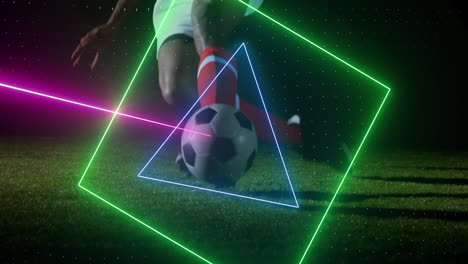 animation of neon scanner processing data over football player kicking ball