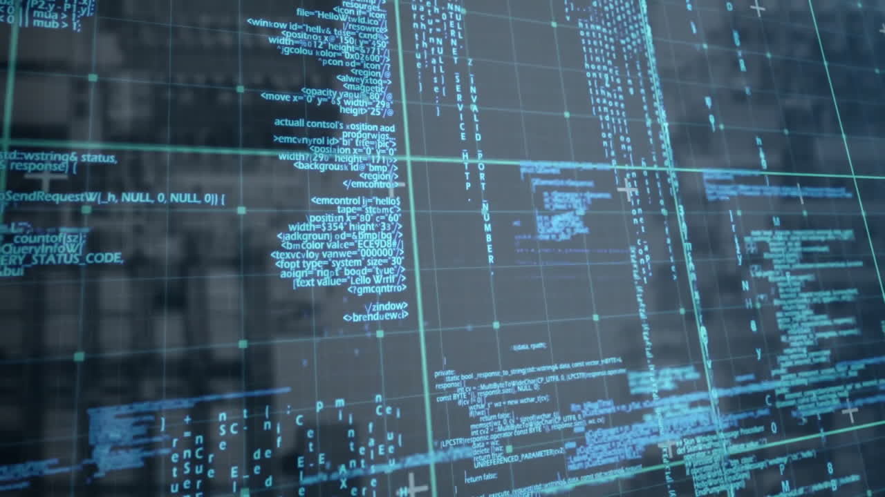 código informático y animación de procesamiento de datos sobre pantalla transparente