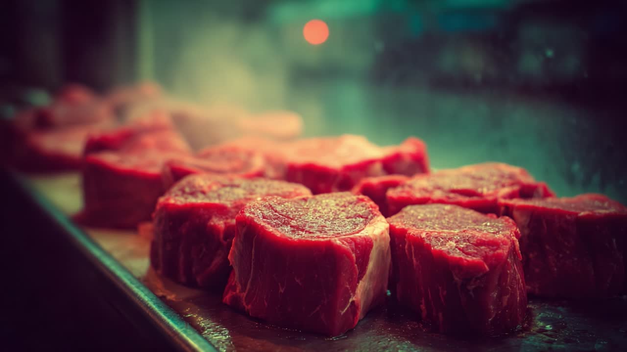Sizzling Cuts: A Close-Up View of Fresh Raw Beef Tenderloin Steaks Ready for Cooking, Showcasing Their Juicy Texture and Rich Red Color Under Ambient Lighting
