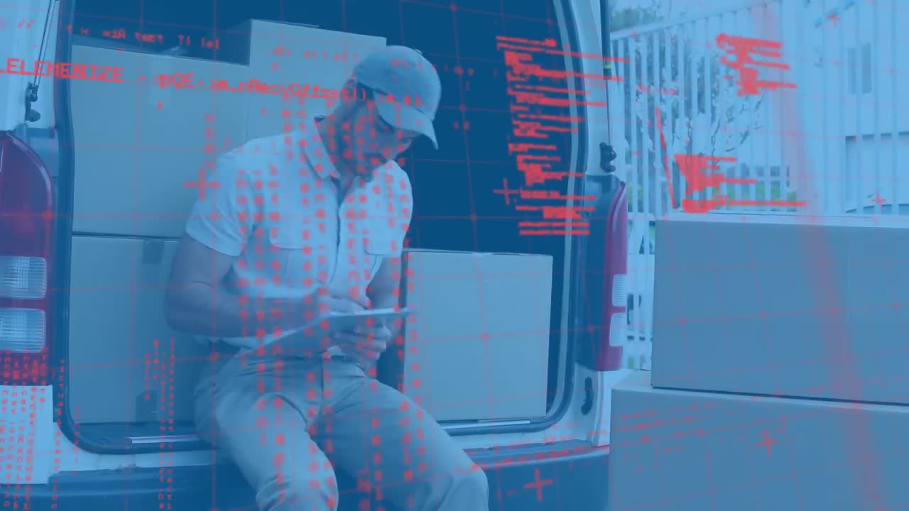 Data processing over grid network against caucasian delivery man writing on clipboard sitting in van