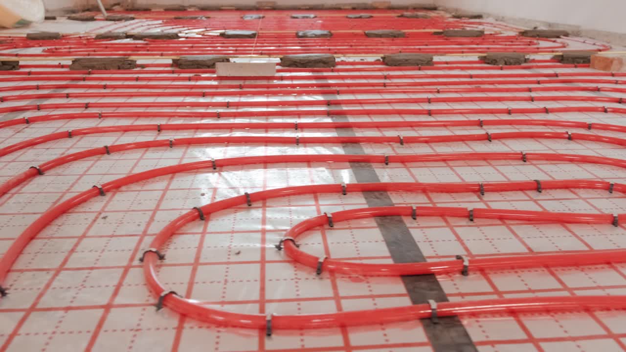 물 난방을 위한 바닥 난방 파이프 설치. 난방 시스템. 열 단열 바닥을 위한 파이프.