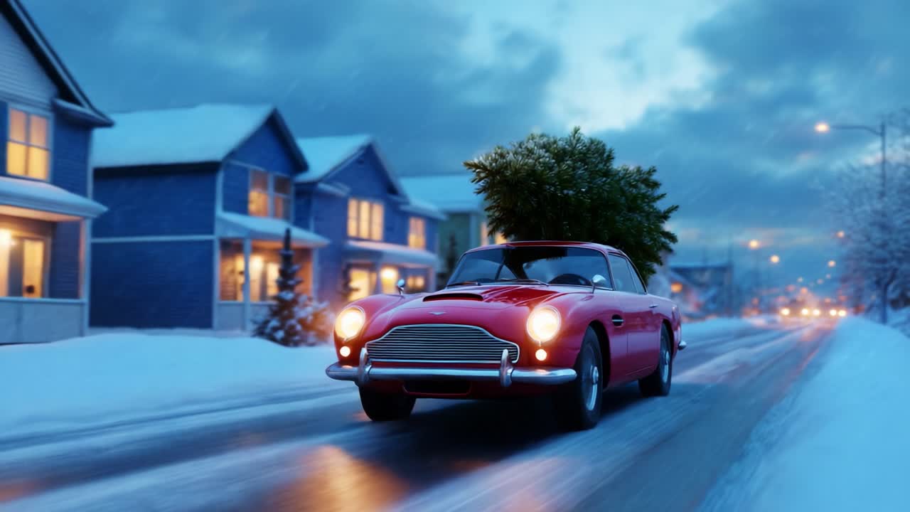 A Classic Red Car with a Christmas Tree Drives Through a Winter Wonderland Street Amidst Glistening Snowflakes and Cozy Homes, Capturing the Spirit of the Holiday Season in a Picturesque Scene