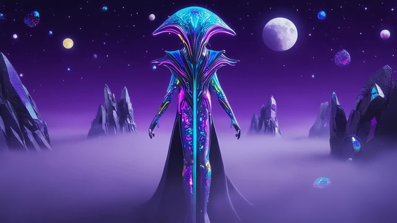 Vibrant Alien Figure in a Cosmic Crystal Landscape