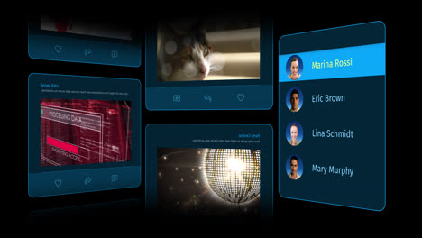 animation of interface with social media posts and people profiles on black background