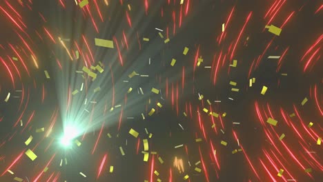 animación de confeti sobre patrón circular iluminado y destello de la lente contra un fondo negro.
