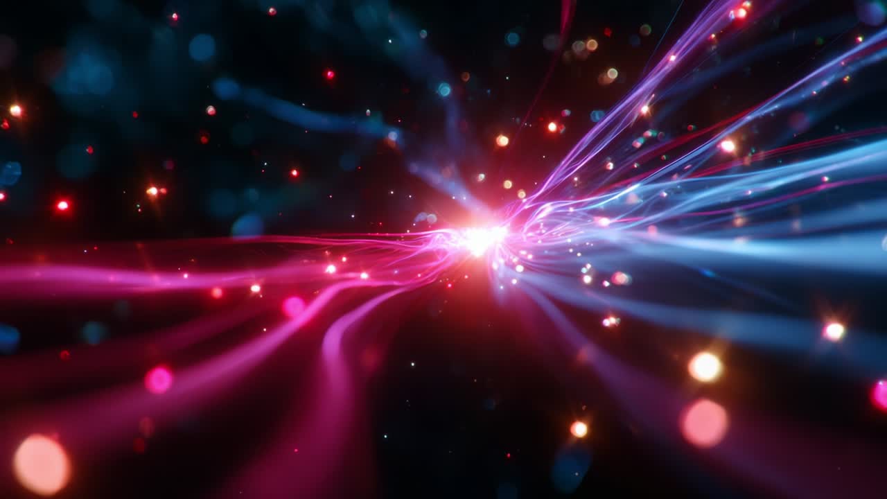 A mesmerizing visual journey through vibrant streams of light, showcasing dynamic interplay of pink and blue hues, infused with sparkling particles and abstract energy flows, creating a captivating cosmic atmosphere