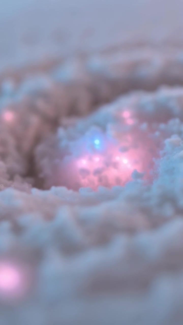 Video verticale: La telecamera si sposta rivelando un ammasso luminoso in un cratere su polvere, con un bagliore rosa e blu che pulsa.