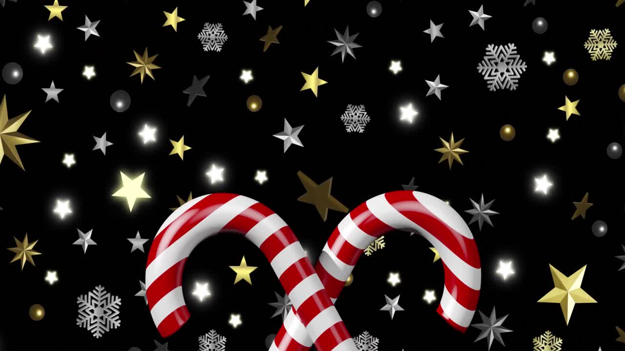 animación de bastones de caramelo sobre decoraciones de navidad sobre fondo negro