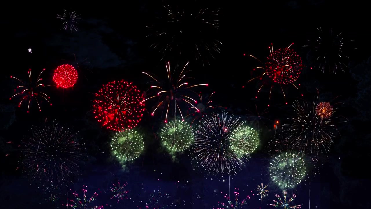 Colorful holiday fireworks display particles sparks in night sky abstract background for celebration