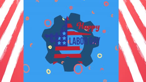 Animation-Des-Textes-„Happy-Labor-Day“-über-Zahnrad,-Stern-Und-Amerikanischer-Flagge