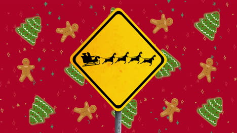 santa sleigh crossing sign animating over festive background with gingerbread and trees