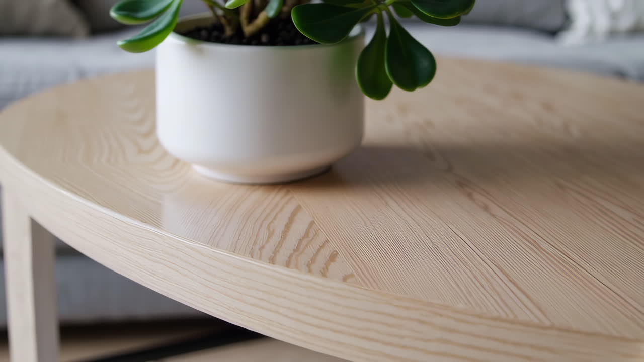 Round Wooden Coffee Table with a Plant