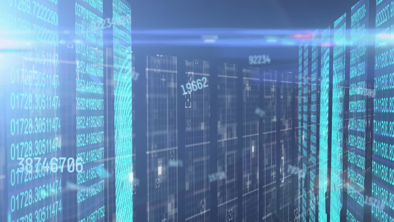 Animation of numbers changing over tech room with computer servers