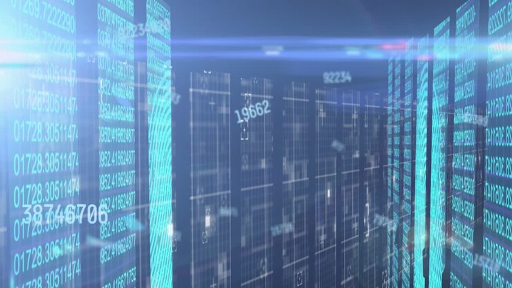 Animation of numbers changing over tech room with computer servers