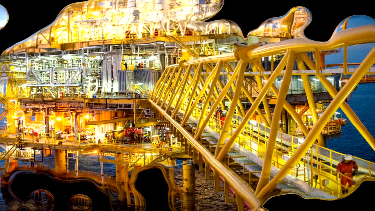 수은 액체 효과 배경과 함께 석유 정제 공장