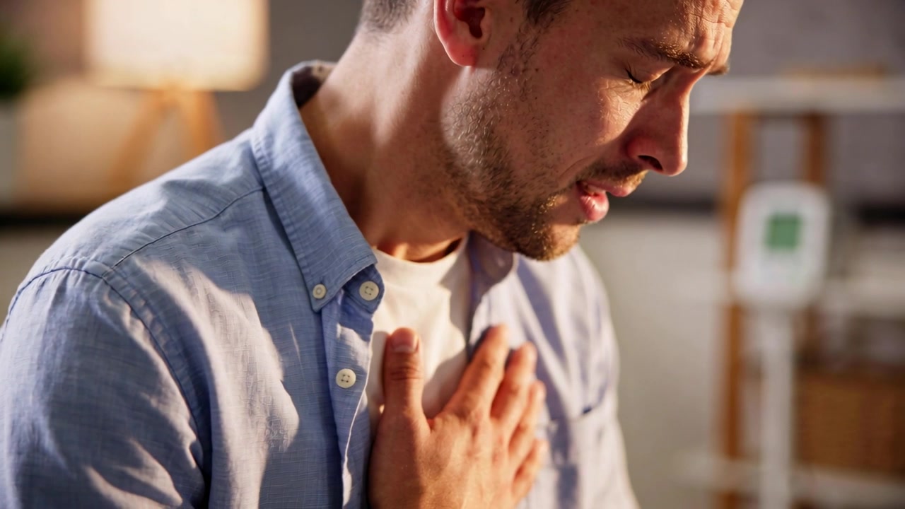 Pressing hand to chest, man reacting to chest pain at home, wearing blue shirt, lamp, device