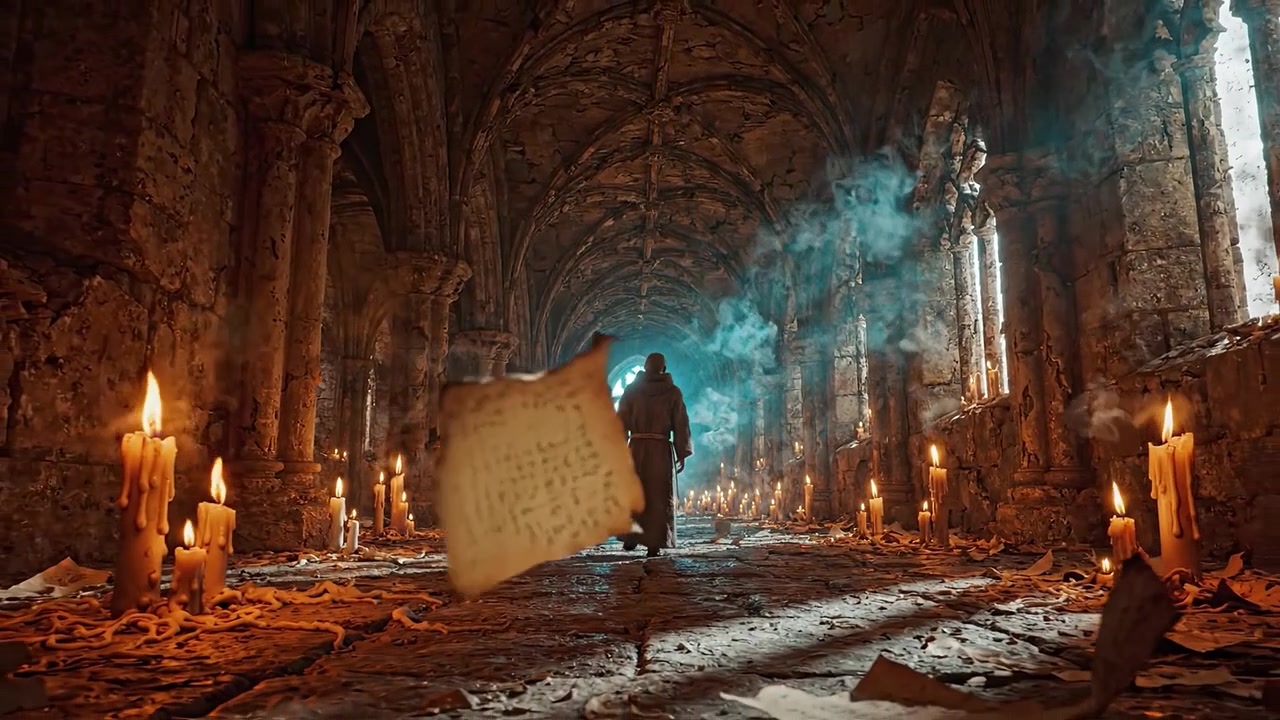 Uma figura solitária em um corredor de mosteiro antigo e mal iluminado, adornado com velas bruxuleantes e pergaminhos espalhados, evocando mistério e reverência na atmosfera.