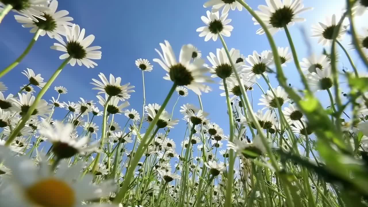 澄み切った青空を背景にデイジーの花々をローアングルで捉えた、穏やかで自然な情景動画
