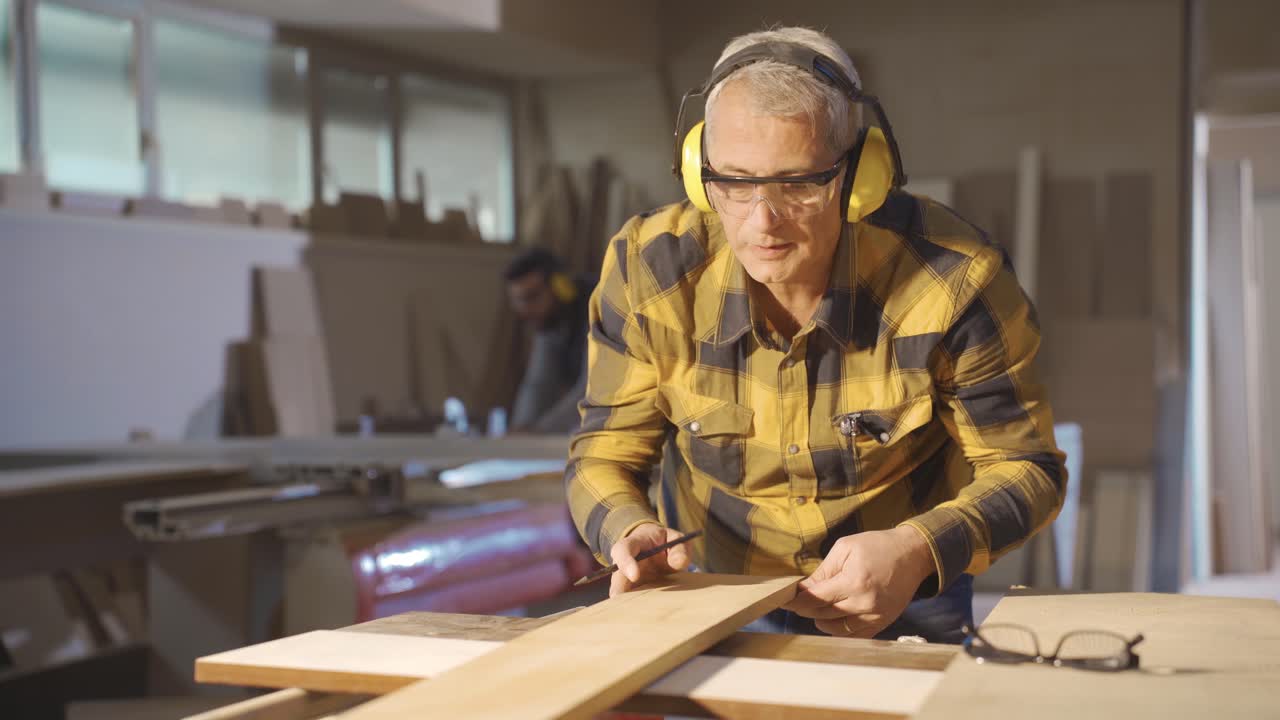 Adult carpenter man working in carpentry workshop measures wood with meter.