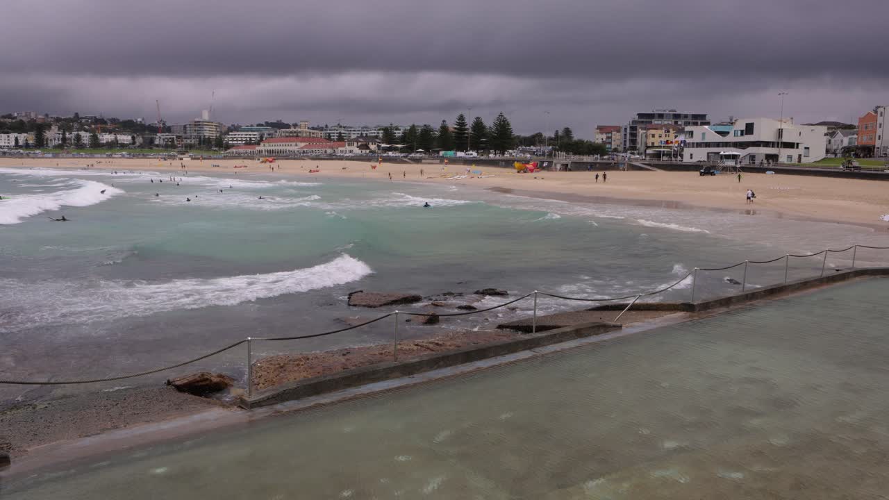 View looking South from North Bondi Beach on a rainy day, Sydney, Australia