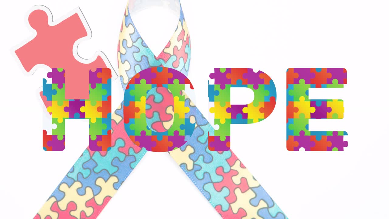 ⁇ 색 바탕에 퍼즐로 형성 된 리본 위에 희망 텍스트의 애니메이션