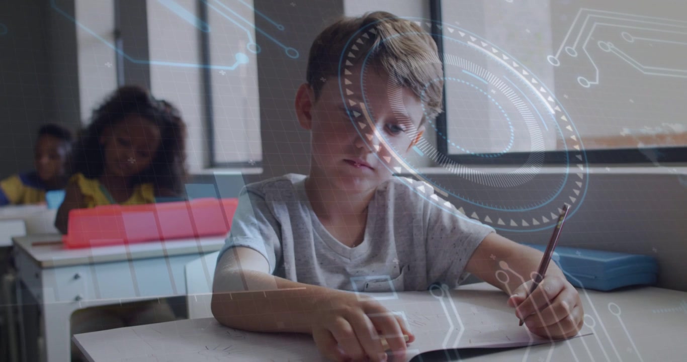 Boy opening workbook, turning pages, tracing lines with pencil while HUD overlay guiding schoolwork