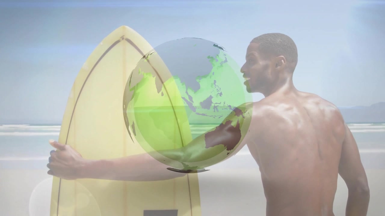 Surfer raising arm on board in tech demo as globe overlay fading in spinning revealing continents
