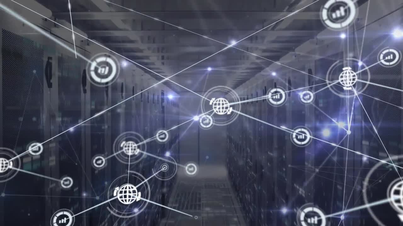 Animation of network of connections with icons over server room