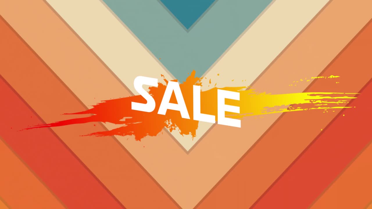 다채로운 삼각형에 빨간색에서 노란색 페인트 스플래시 위에  ⁇ 색으로 판매 텍스트의 애니메이션