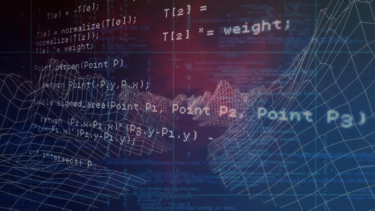 Animation of data processing and digital mountains on black background