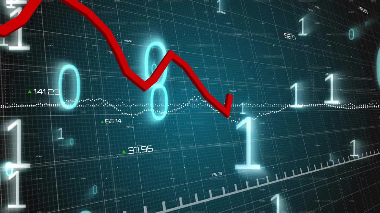 Animation of red line, binary coding data processing over dark background