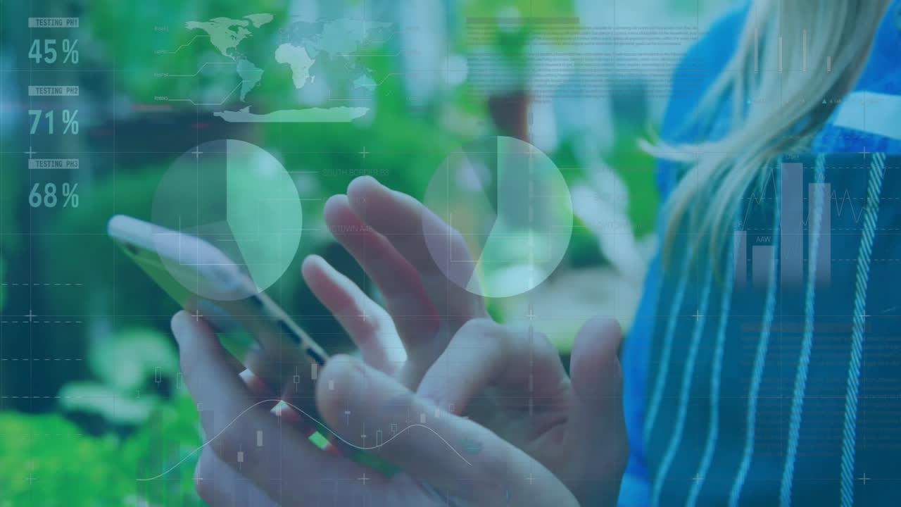 animación del procesamiento de datos financieros sobre una mujer caucásica que usa un teléfono inteligente