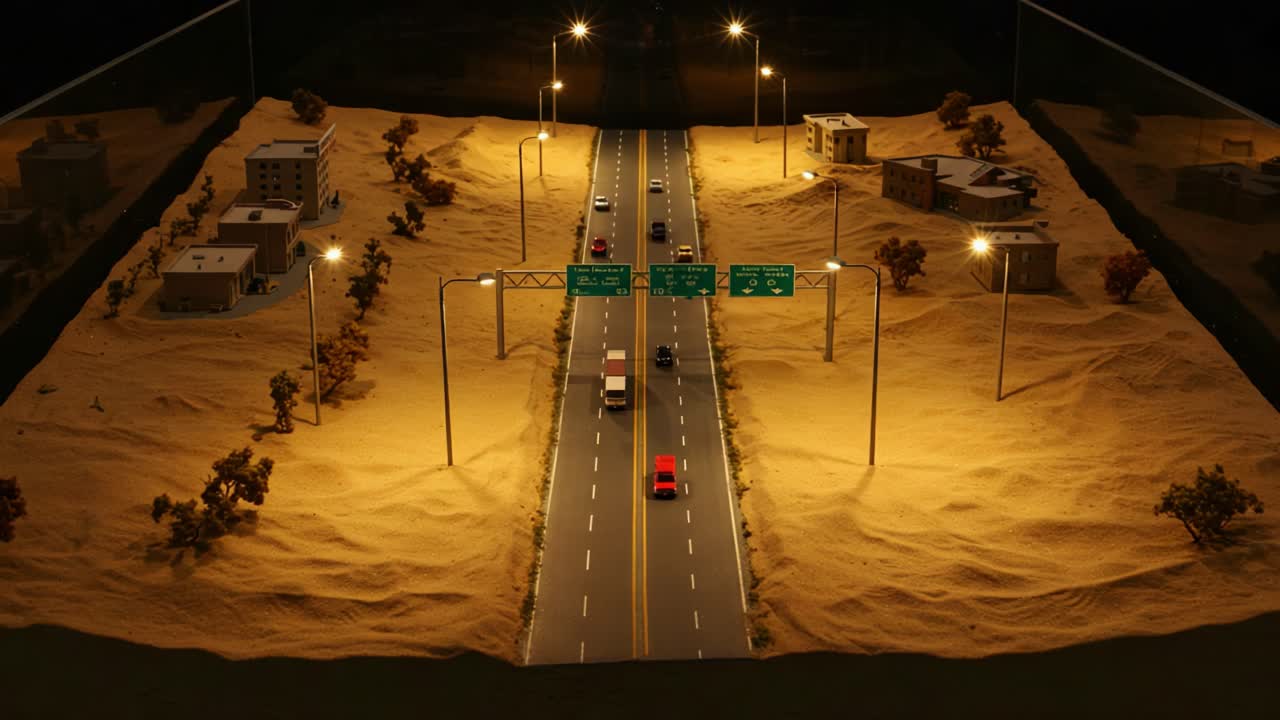 A Stunning Model Landscape Featuring a Desert Highway Scene with Detailed Miniature Cars, Warm Lighting, and Realistic Sand Dunes in an Exhibit