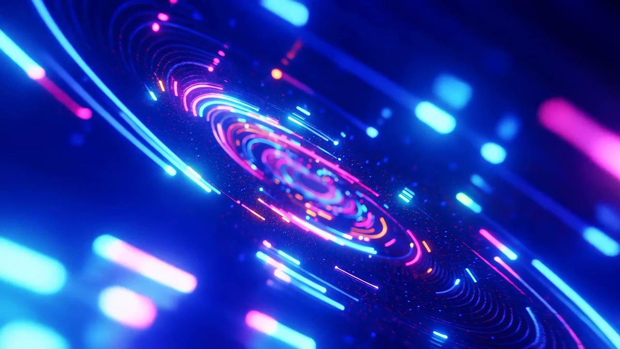 Close oblique view of glossy illuminated surface composed of concentric neon rings and short radial streaks, with layered spiral structure, vivid reflections and saturated futuristic color glow