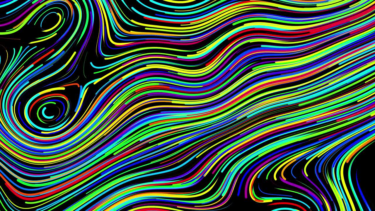abstract creative looped bg con líneas rizadas como senderos de diferentes colores. las líneas forman un patrón giratorio como ruido de rizado. abstract 3d looping flowing animation as bright creative festive background