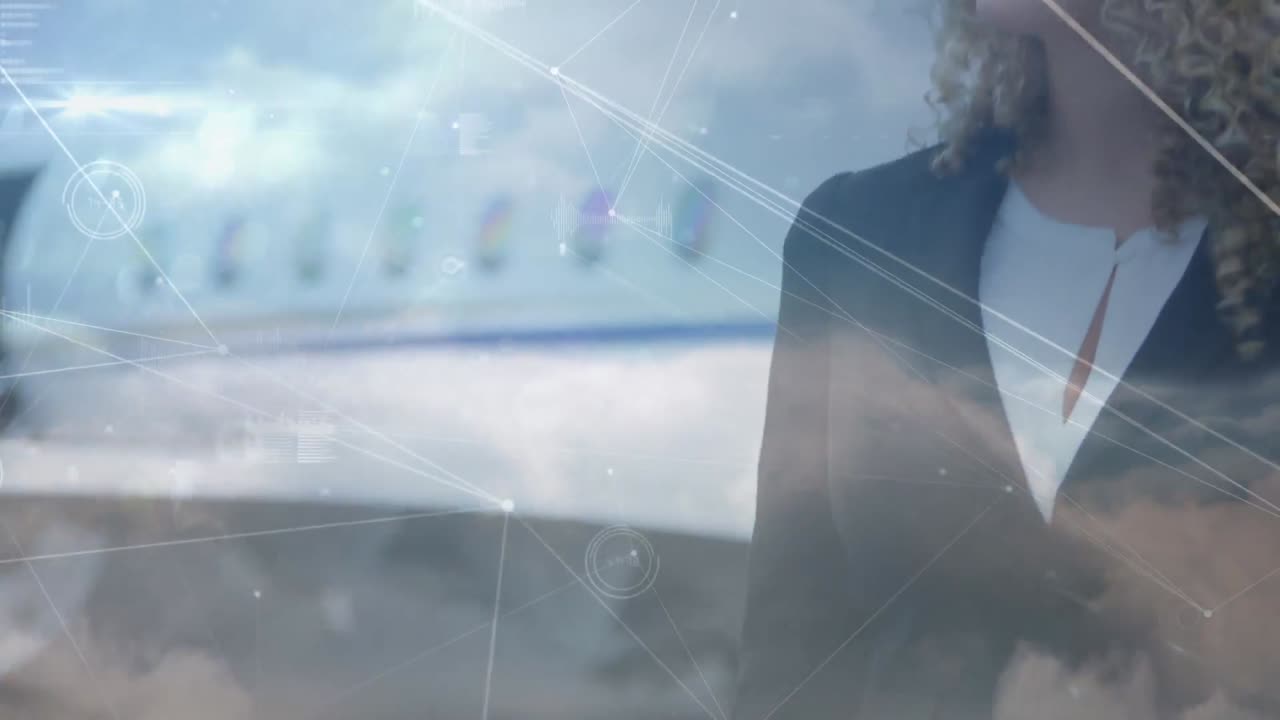 Animation of network of connections over businesswomen at the airport