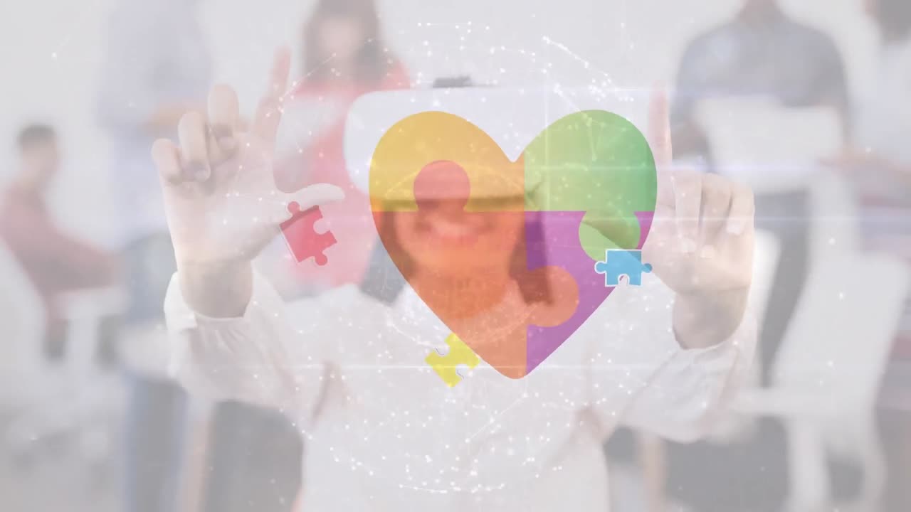 animación de rompecabezas y corazones sobre mujer biracial feliz usando auriculares vr.