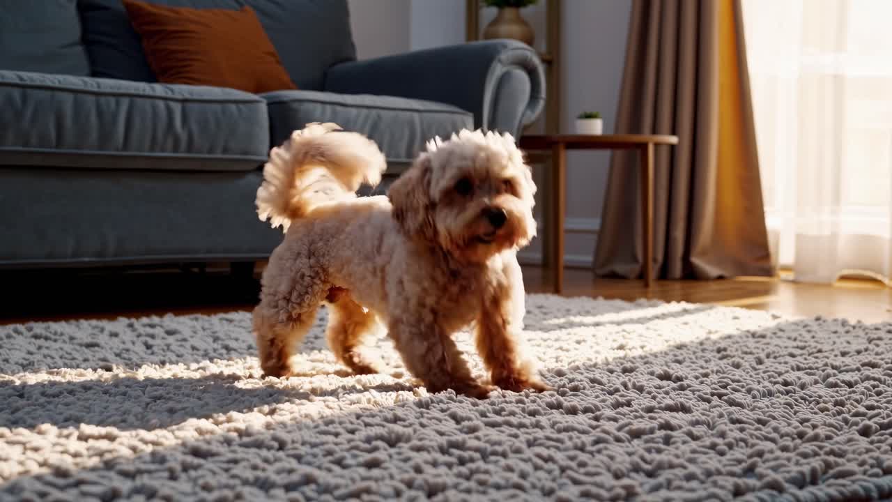A playful dog walks on a sunlit rug in a cozy living room. The video captures a low-angle view