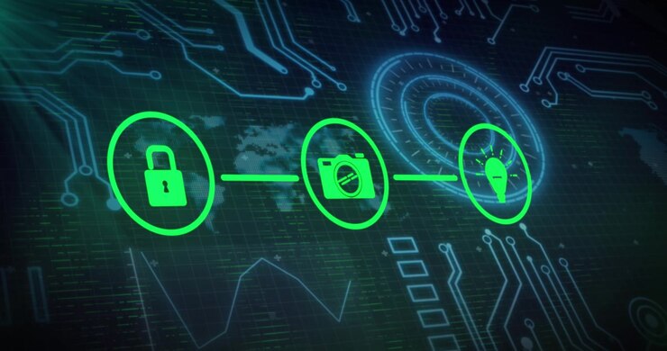 Animation of connections with icons and data processing on digital screen