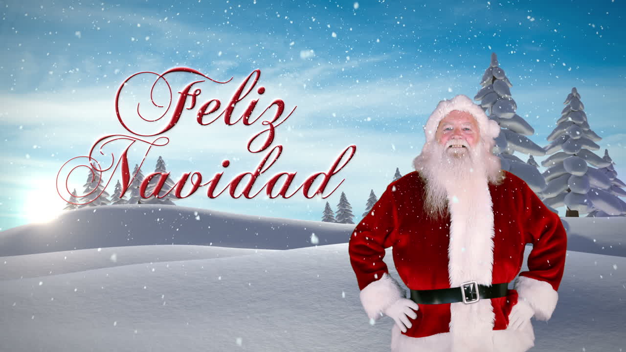 santa presentando el mensaje de navidad contra el bosque de abeto nevado