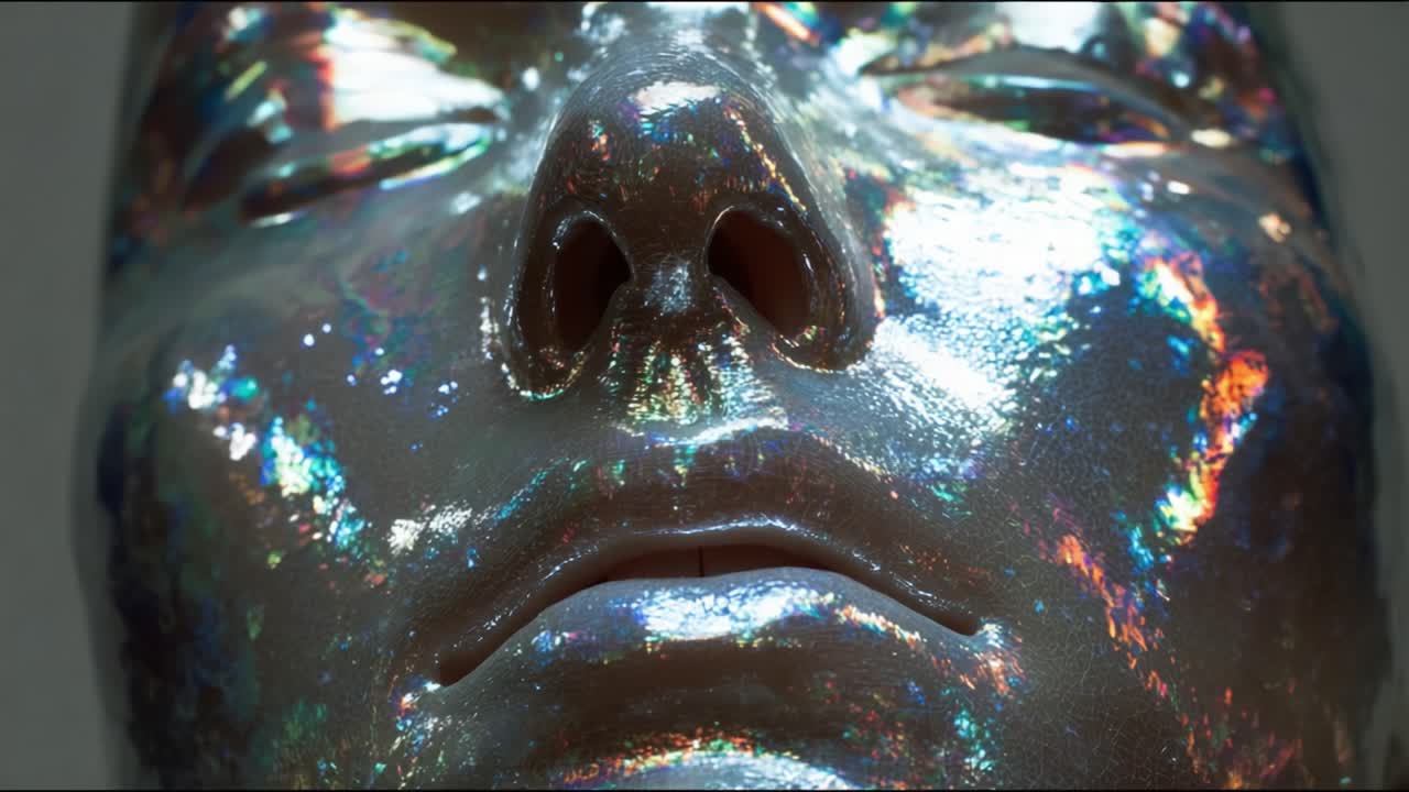Close-up of an Exquisitely Glossy Face Model Showcasing Iridescent Colors and Reflections, Highlighting Texture and Details in a Stunning Aesthetic Display