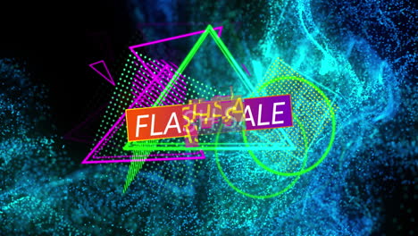 animación del texto de venta flash sobre ondas azules en movimiento y formas coloridas